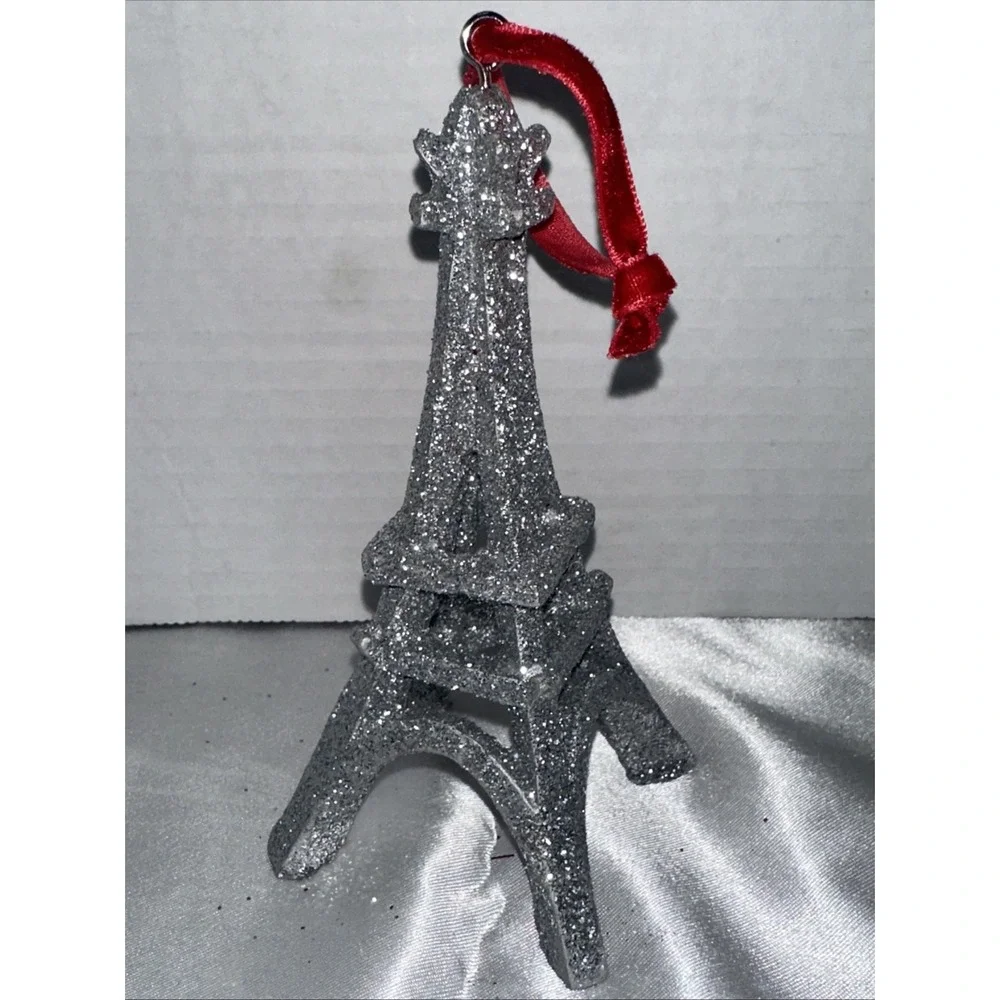 Silver Glitter Eiffel Tower Christmas Ornament Paris France Red Velvet Ribbon